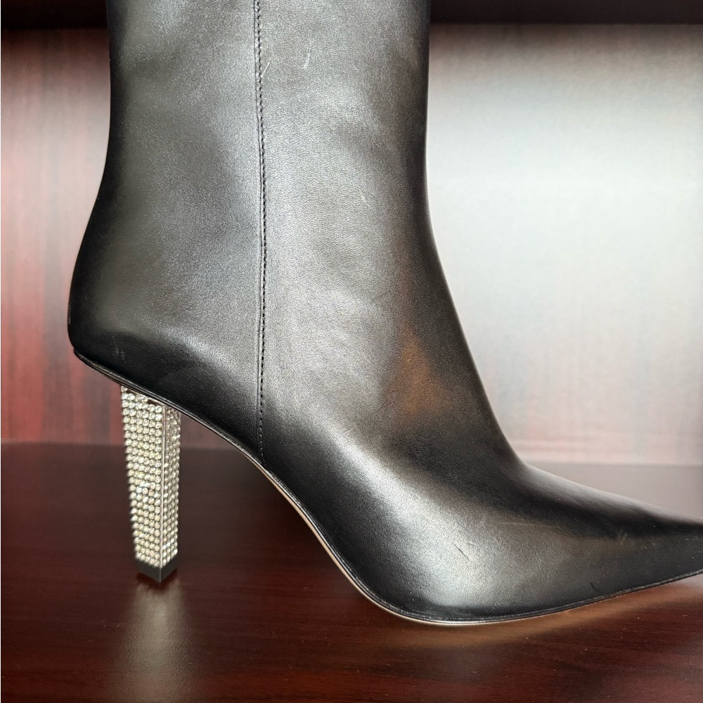 Authentic Michael Kors Black Halle Leather Heeled Boots with Rhinestone Detail
